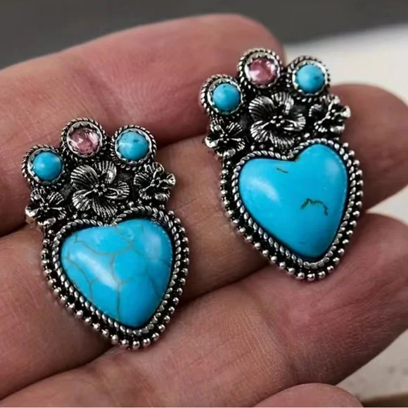Heart Turquoise, Lab Created, Vintage Look Silver tone Hippie, Tribal Earrings - Picture 2 of 5